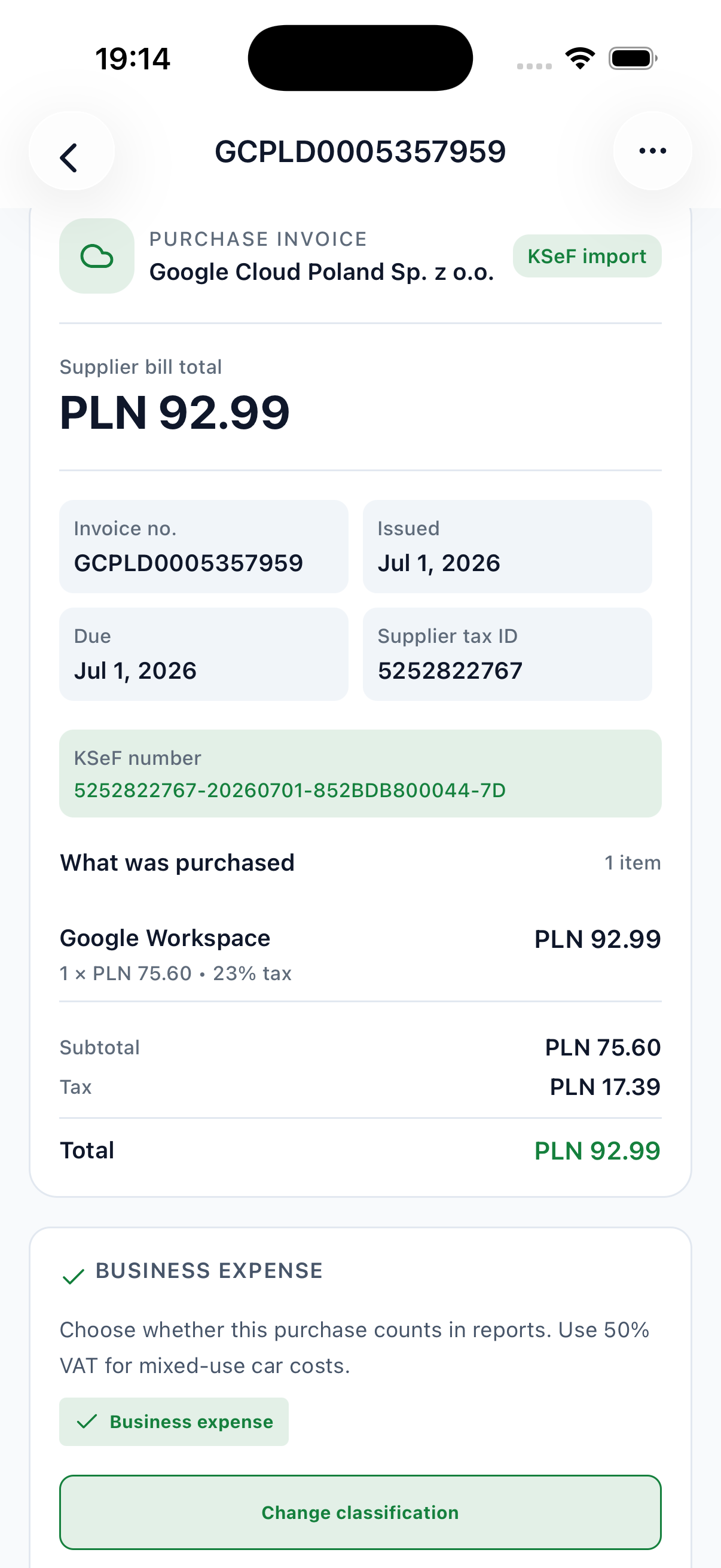 InvoiceRate purchase invoice detail showing supplier bill total, KSeF number, item breakdown, and business expense controls