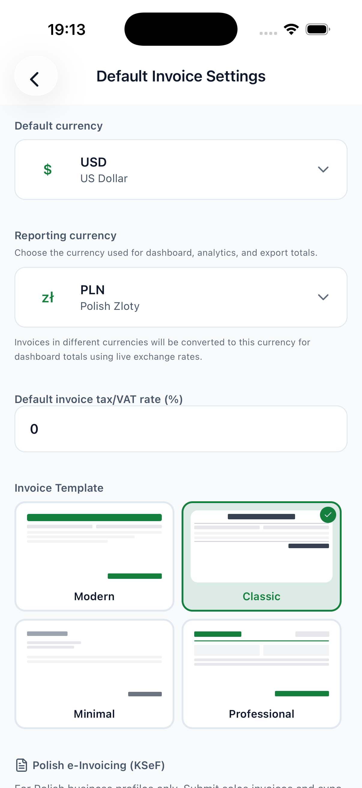 InvoiceRate default invoice settings with currency, VAT rate, templates, and KSeF options