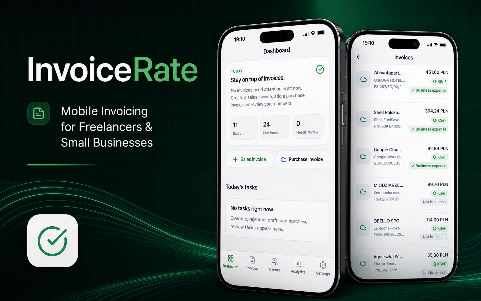 InvoiceRate product cover showing mobile invoicing, KSeF import, payments, and monthly reports
