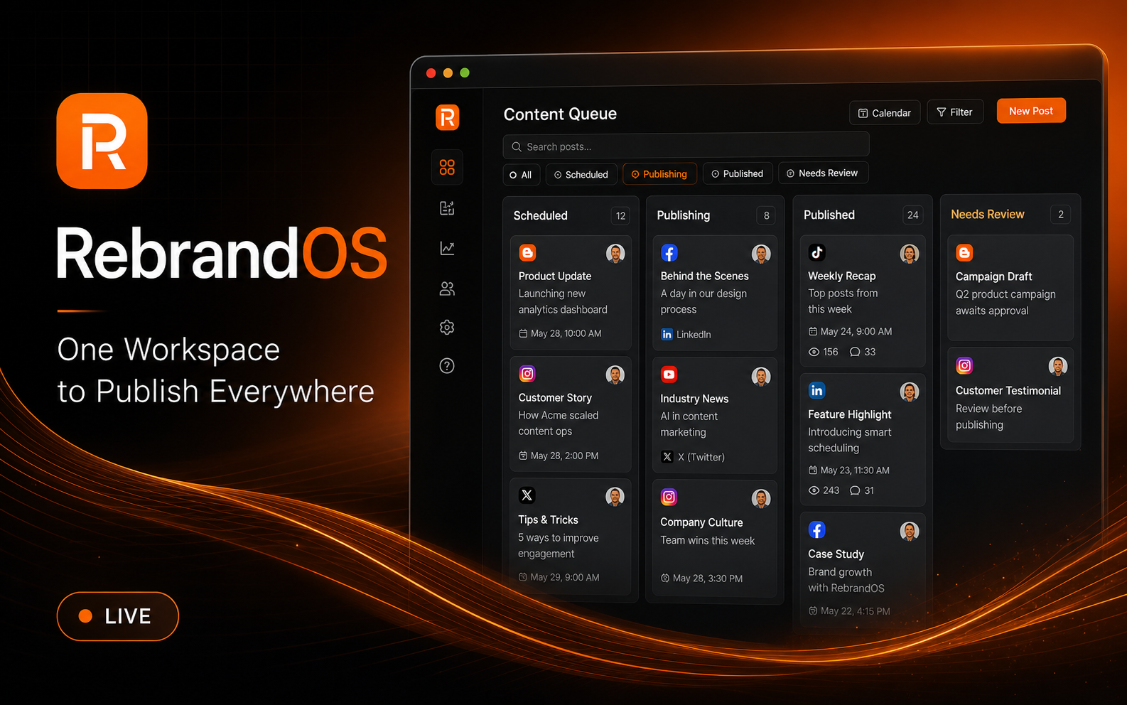 RebrandOS social publishing workspace by Gideon Awolesi