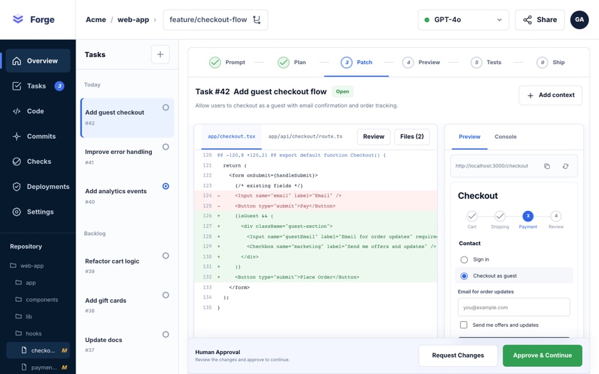 Forge task view with a code diff, checkout preview and test results
