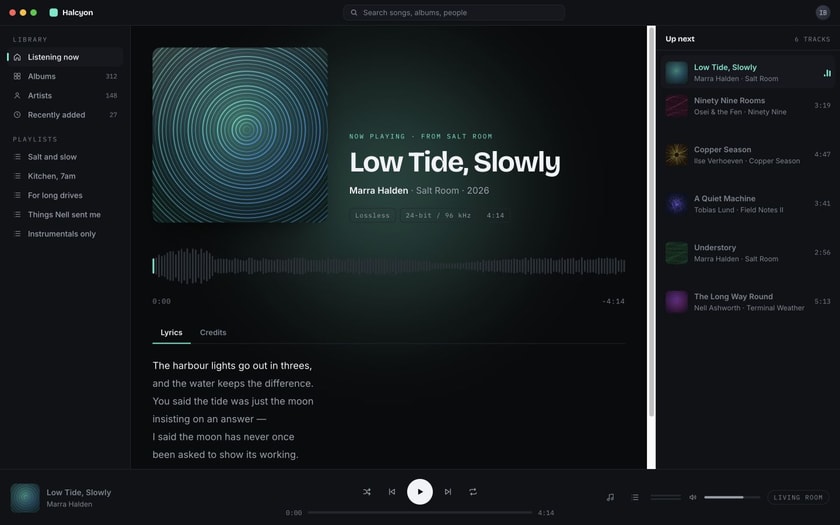 Halcyon now-playing screen with waveform, lyrics and queue