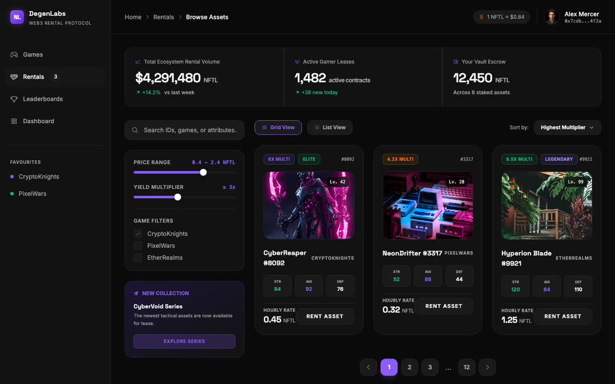 Rental marketplace with game asset cards and filters