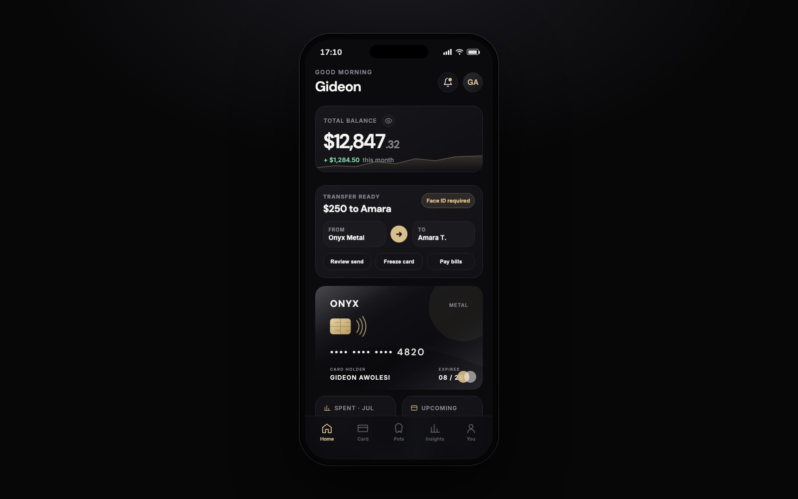 Onyx mobile banking home screen with balance and card
