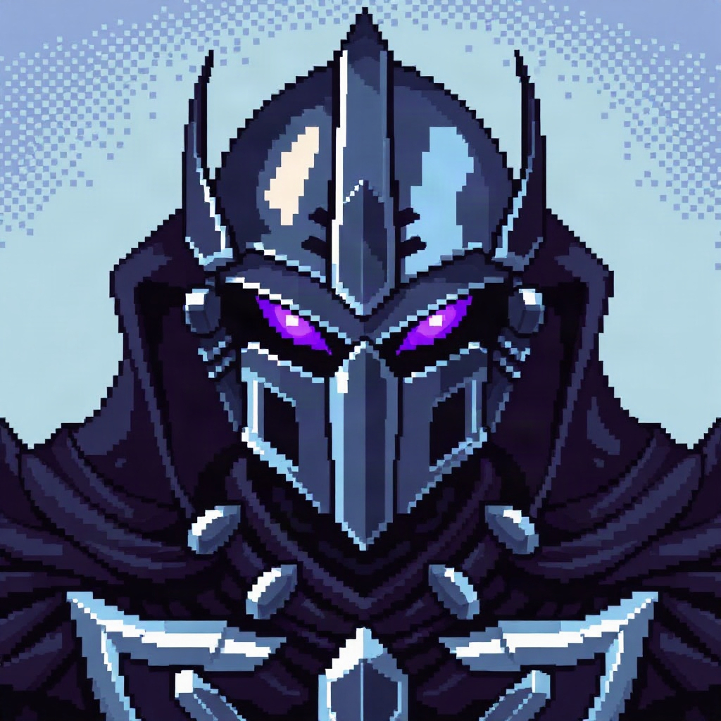 pixel art of a dark knight in obsidian armor with violet glowing eyes, frontal shot