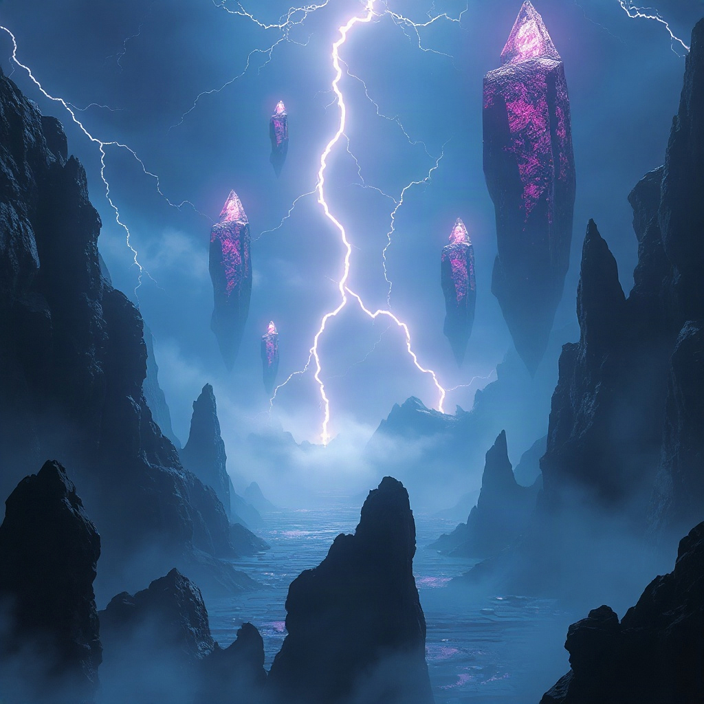 dark futuristic fantasy landscape with floating crystal citadels and violet lightning, wide angle ci