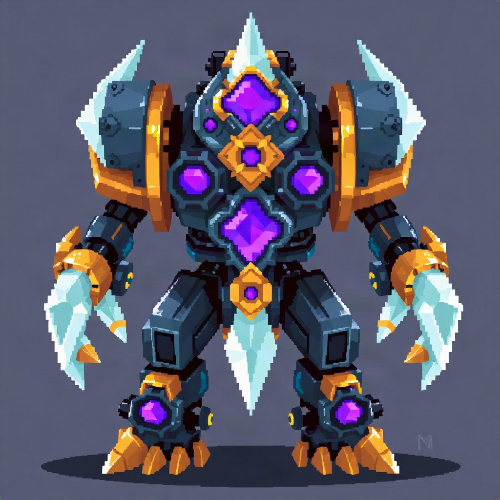 pixel art of a robotic crystal golem with purple cores, frontal shot